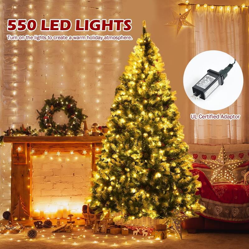 7.5 FT Pre-lit Snow Flocked Christmas Tree with Red Berries and 8 Lighting Modes