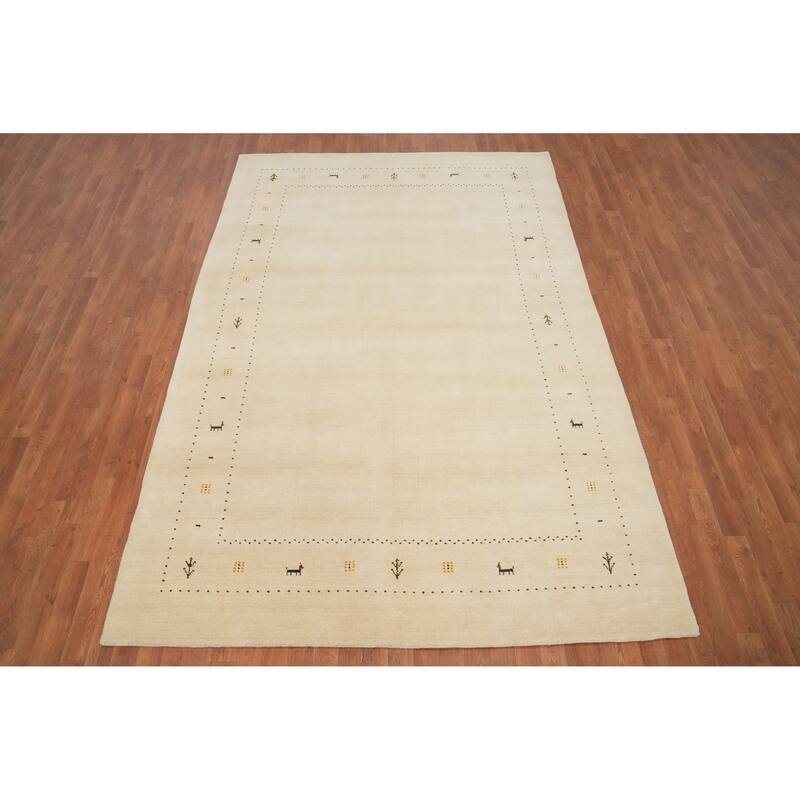 Hand Knotted Oriental 100% Wool Carpet Tribal Animal Pictorial Beige & Ivories Gabbeh Area Rug - 9' 9'' X 6' 7''