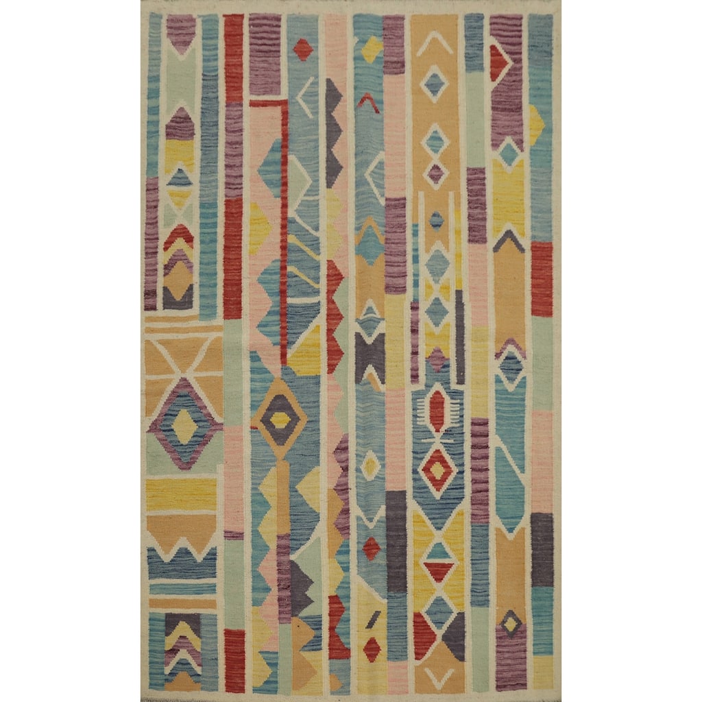 Hand Woven Oriental 100% Wool Carpet Southwestern Tribal Multi-Colored Kilim Area Rug - 6' 2'' X 4' 5''