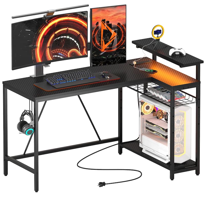 Reversible L Shaped Desk LED Computer Desk with Power Outlets and Monitor Stand Office Desk - 52 inches x 32 inches - Black Carbon Fiber  