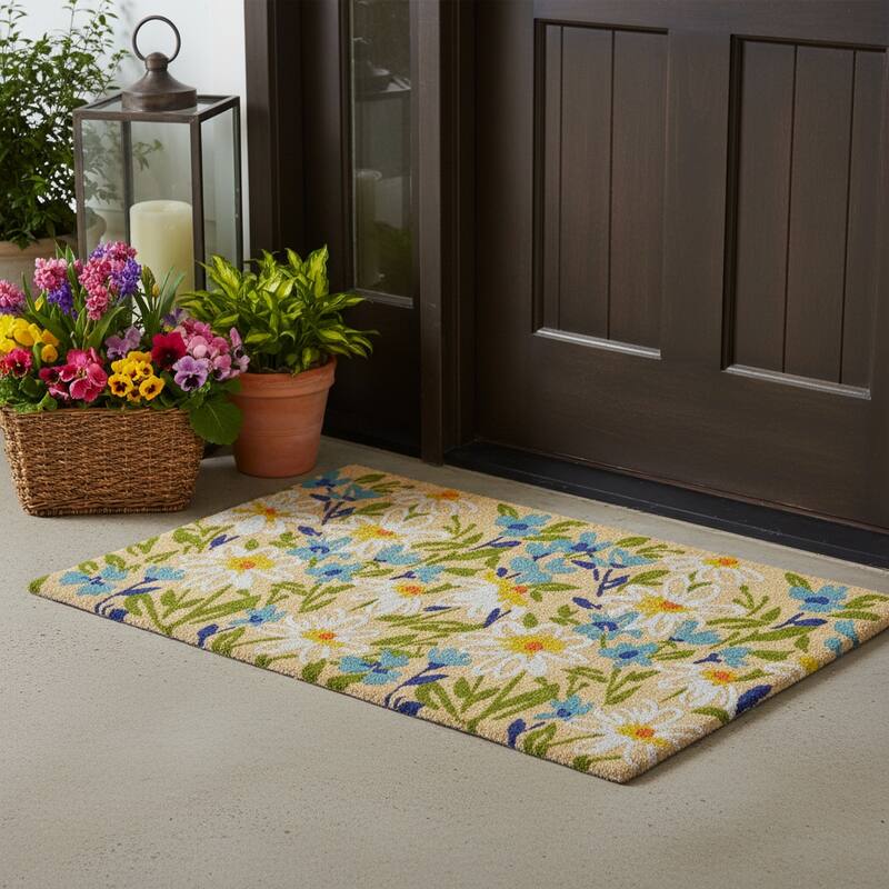 HomeRoots 18" X 30" Brown Light Blue And Green Floral Outdoor Coir Door Mat - 18.00' X '30.00 - 18.00' X '30.00