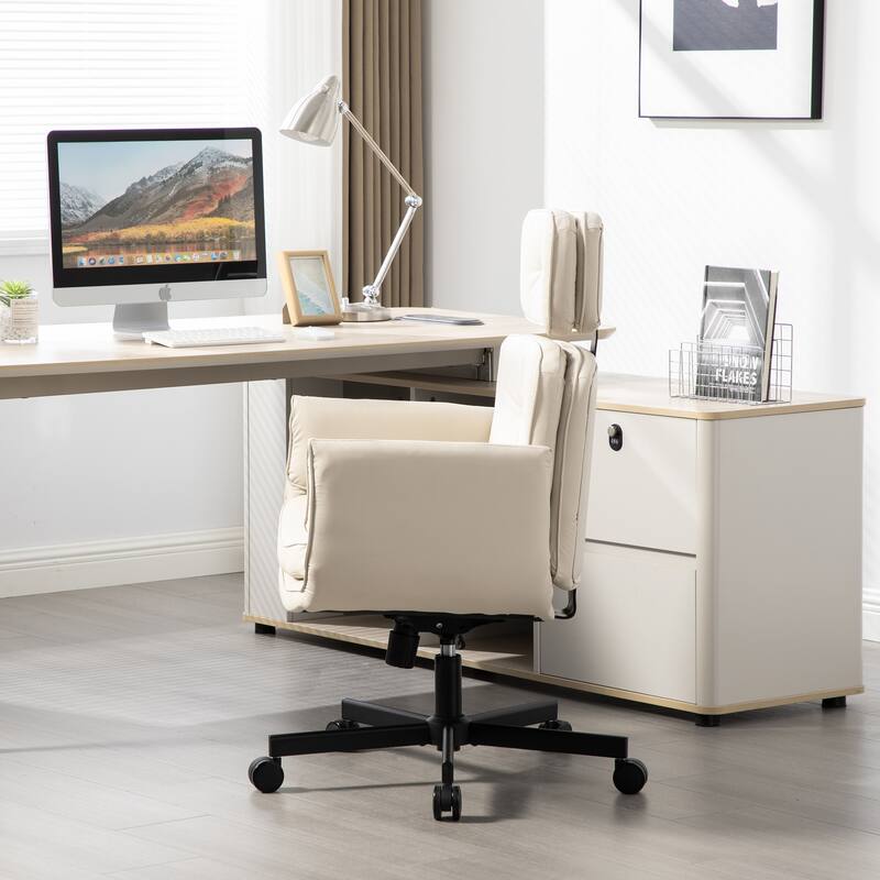 Criss Cross Chair with Adjustable Armrests Wheels Headrest, PU Lounge Vanity Desk Chair with Wide Seat, Swivel Office Chairs