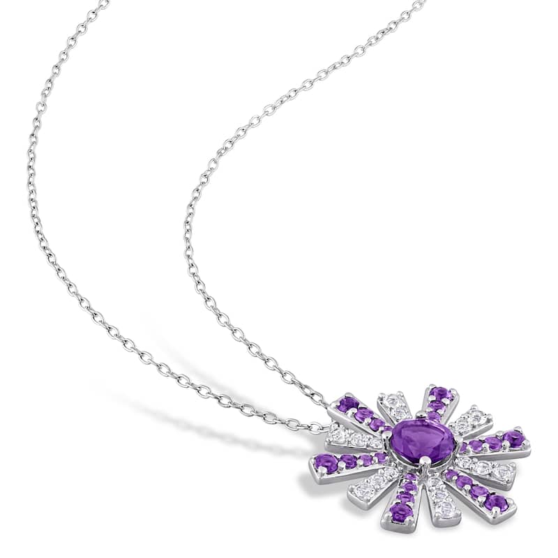 Miadora African Amethyst and White Topaz Floral Necklace in Sterling Silver