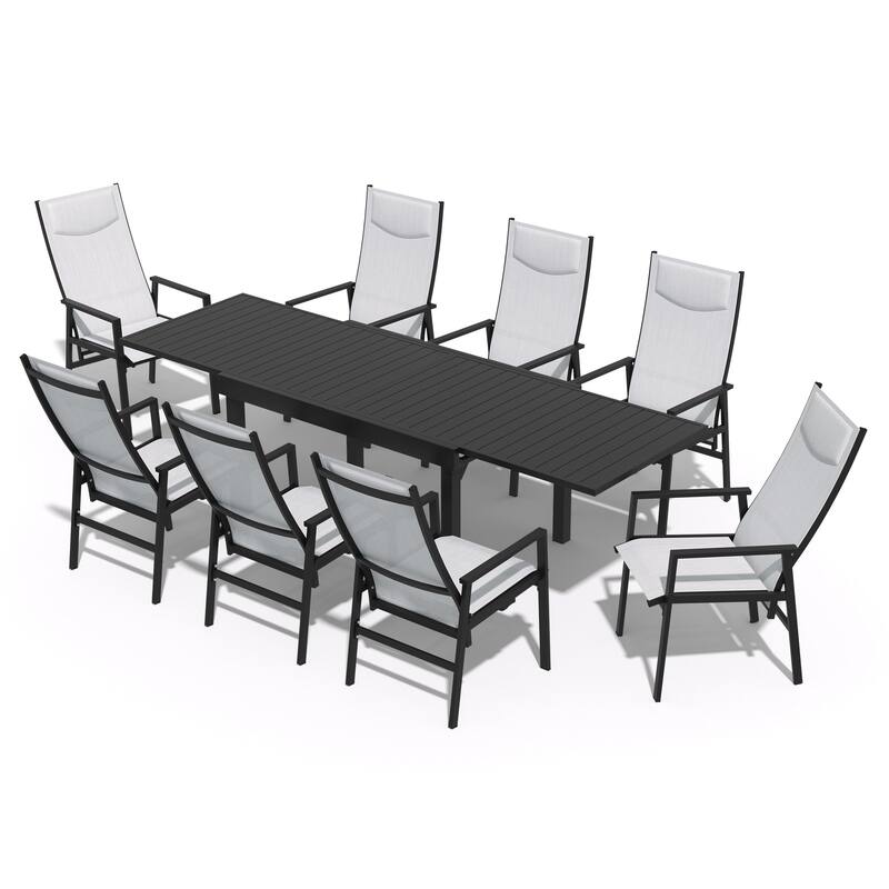 5/7/9-Piece Set Outdoor Aluminum Expandable Patio Dining Table with Folding Adjustable Back Chairs - N/A - Set of 9 - 106.2 inches