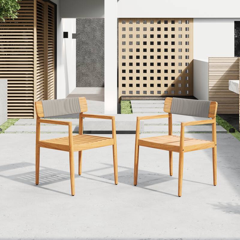 Roomfitters Braided Acacia Wood Outdoor Dining Chairs with Armrests, Patio Leisure Set of 2 - Grey