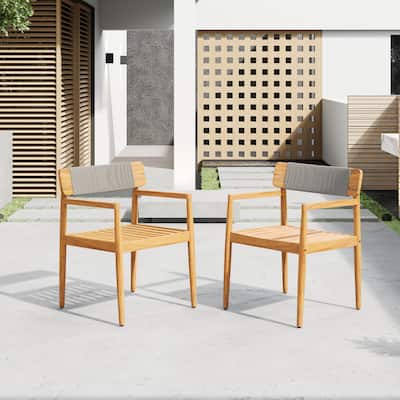 Roomfitters Braided Acacia Wood Outdoor Dining Chairs with Armrests, Patio Leisure Set of 2