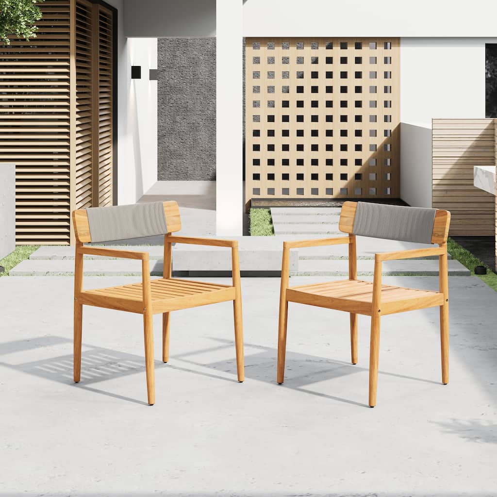 Roomfitters Braided Acacia Wood Outdoor Dining Chairs with Armrests, Patio Leisure Set of 2