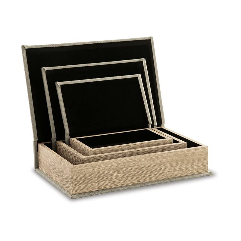 Jolly Decor Storage Book Box Set of 3, Beige Linen, Black Velvet Lining