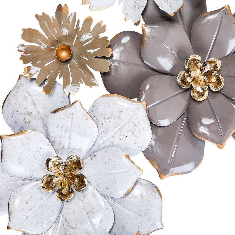 Floral Metal Wall Art Vertical White Gold 3D Flower Accent 36"x19"