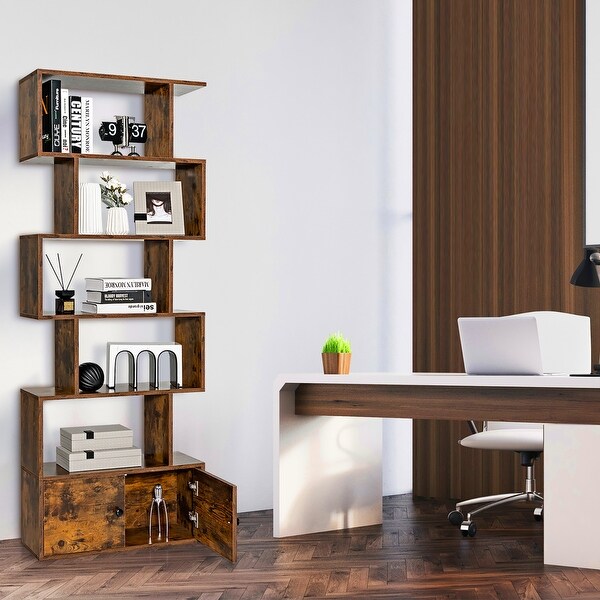 Costway Bookshelf with Cabinet 6-Tier S-Shaped Bookcase