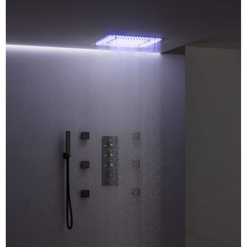 64 Color LED Mood Lighting Thermostatic Shower System,20"Ceiling-Mount Shower Head with 3-Functions Spray - Matte Black