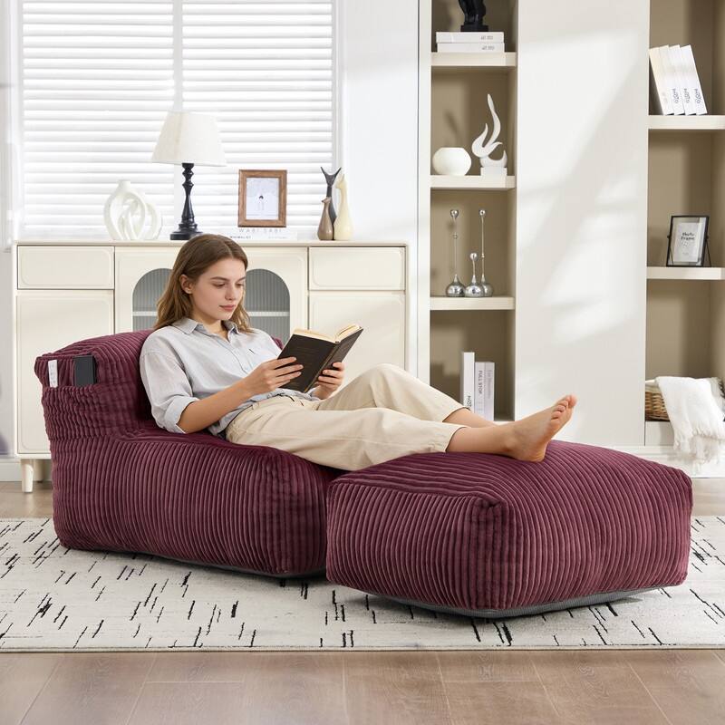 Corduroy Upholstered Lounger Large Ergonomic Support Compressed Bean Bag Sofa with Ottoman