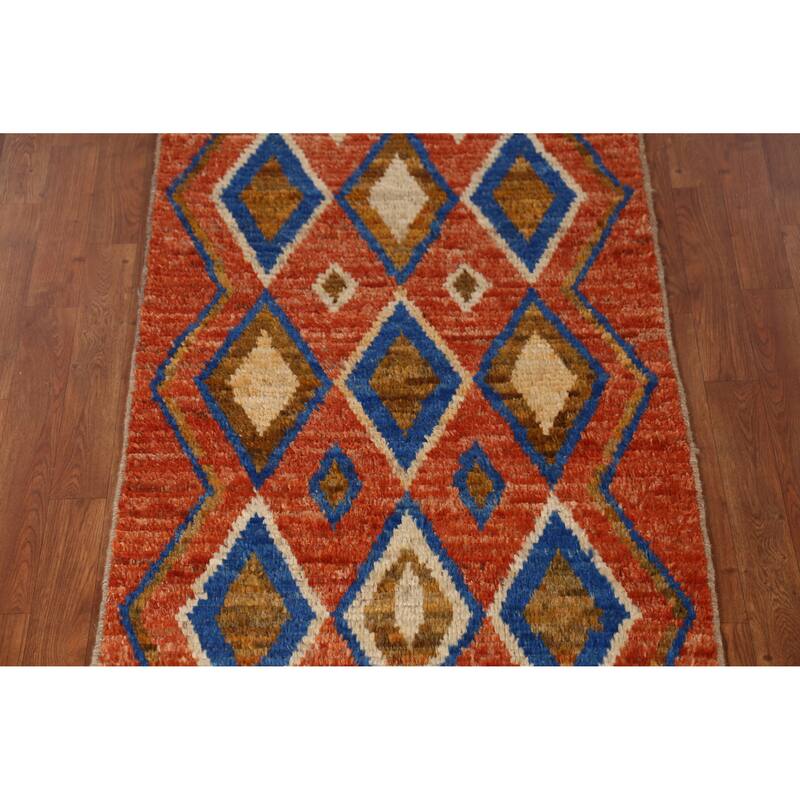 Orange Moroccan Oriental Runner Rug Hand-Knotted Tribal Wool Carpet - 2'10" x 9'9"