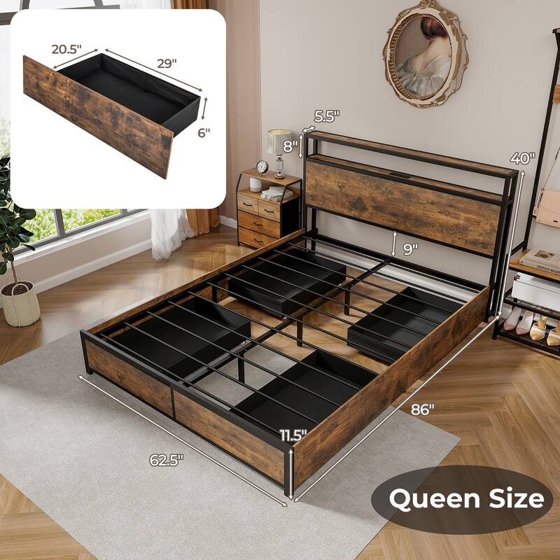 Gymax Full/Queen Industrial Platform Bed Frame with Storage Drawers &
