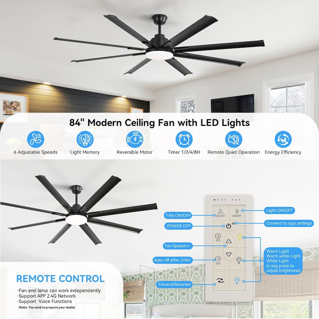 84 Inch Ceiling Fan With Light Smart Life APP Remote Control Timer For Alexa Google