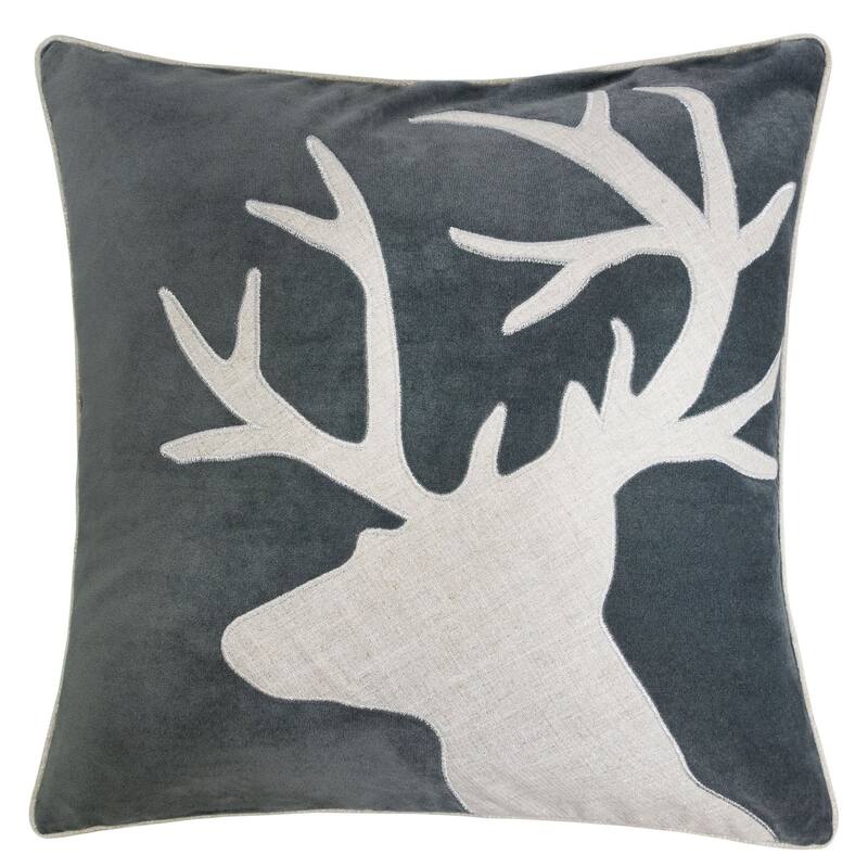 Holiday Reindeer Velvet Pillow with Insert 20x20 Inches Festive Decor - Gray