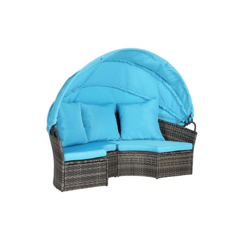 5 Pieces Outdoor Patio Rattan Round Daybed Sunbed with Retractable Canopy and Removable Cushions