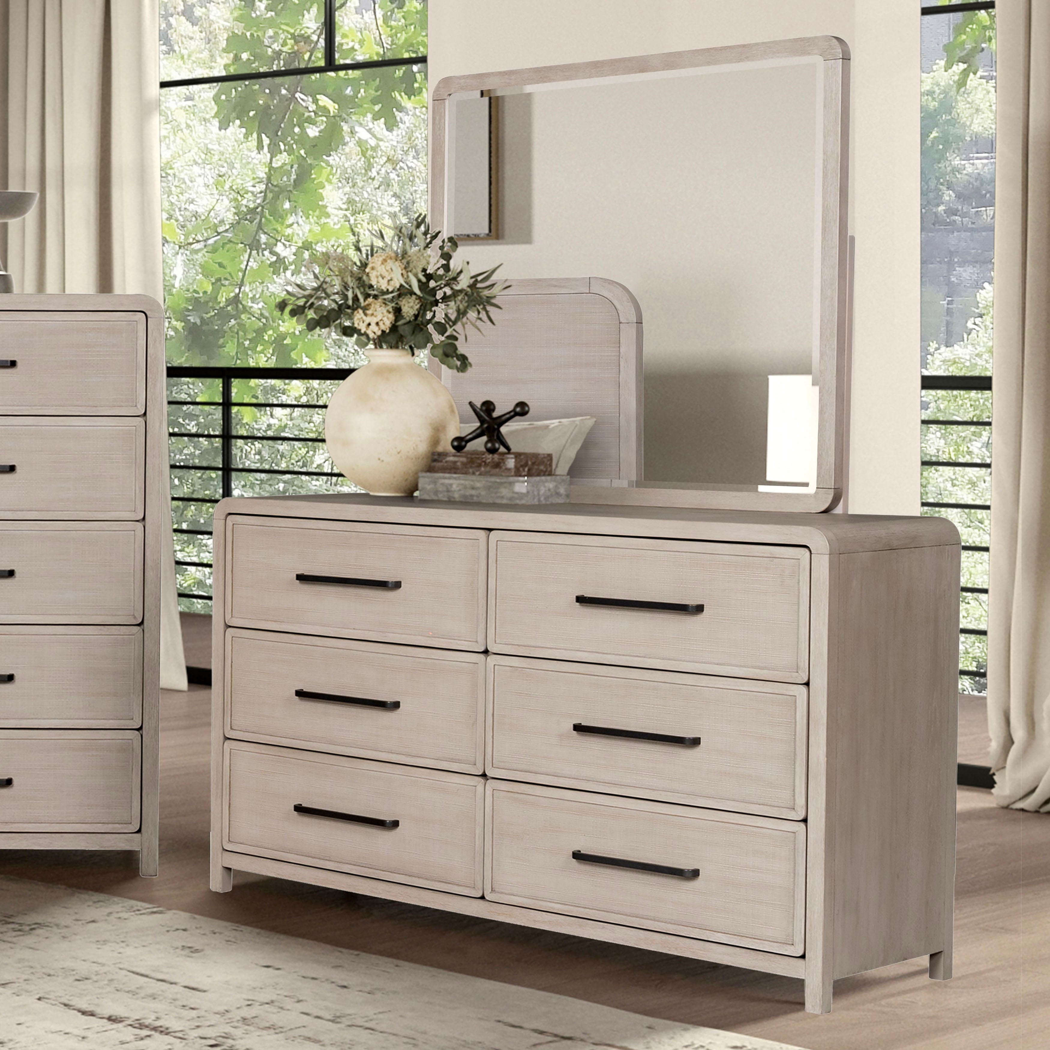 Furniture of America Billet Modern 2 Piece Natural Oak Wood 6 Drawer Dresser and Mirror Set