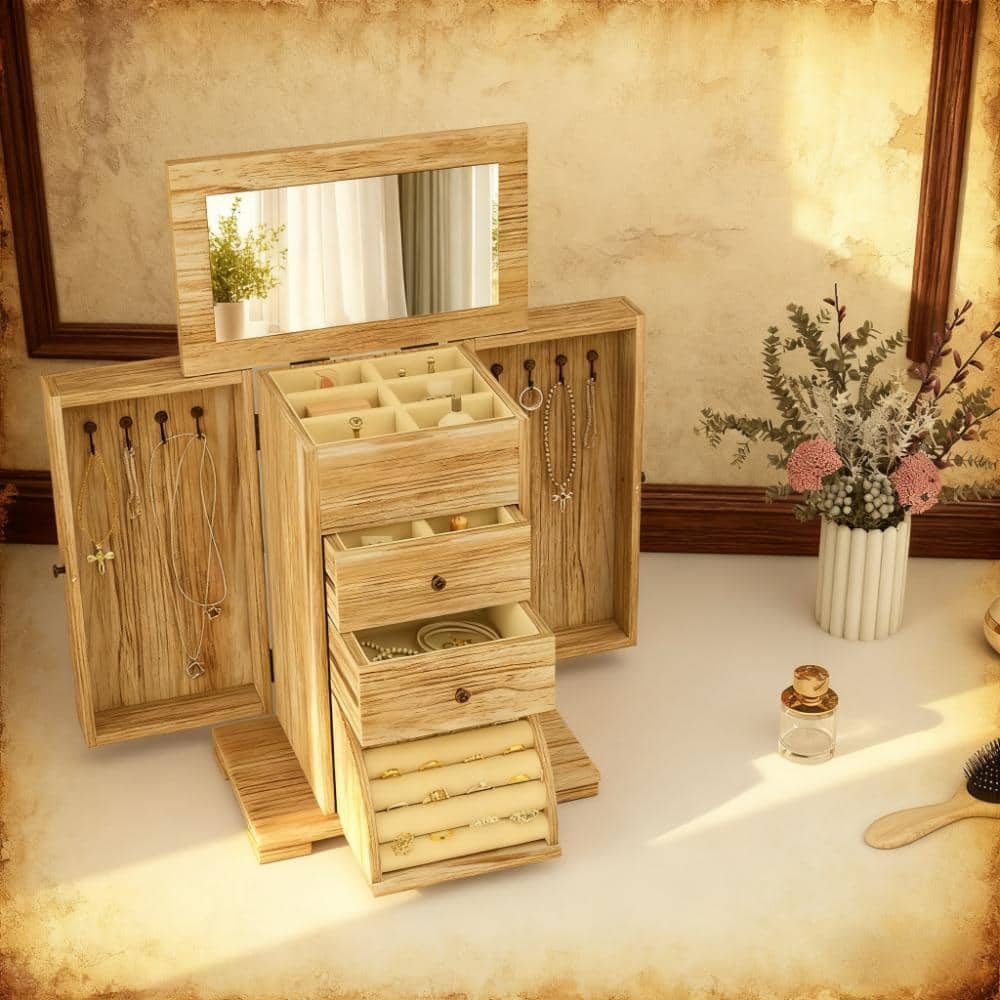 Jewelry Organizer with Mirror and 2 Drawers Wooden Jewelry Box for Rings Earrings Necklaces