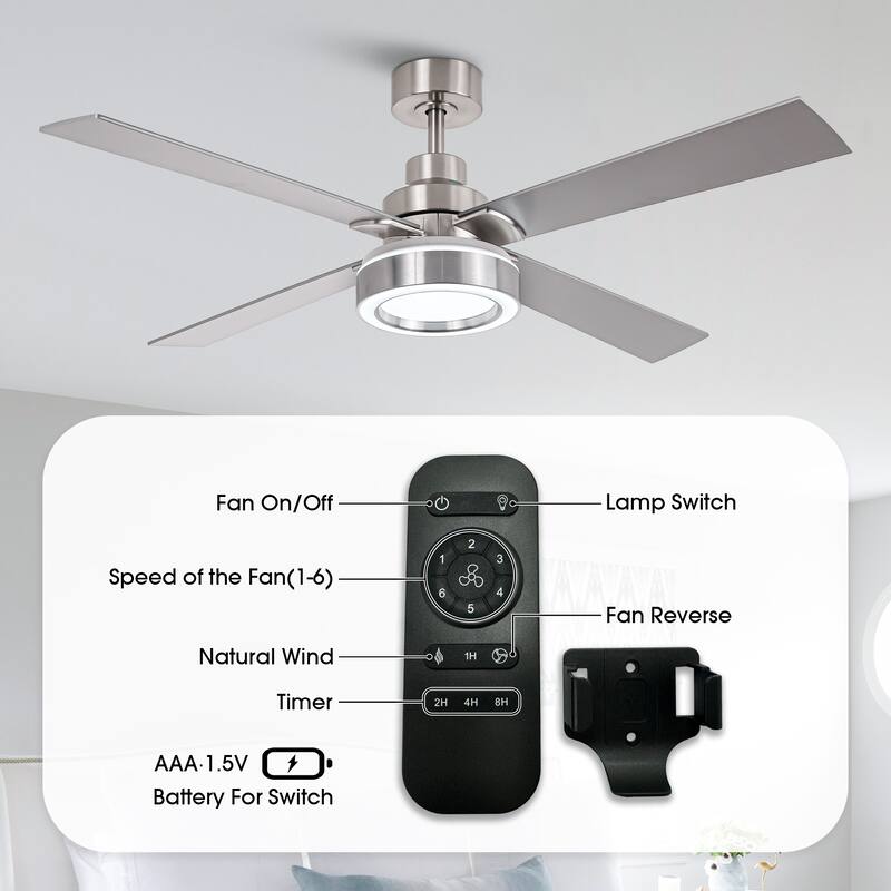 52" Modern Brushed Nickel Bedroom Ceiling Fan with Light and Remote Control