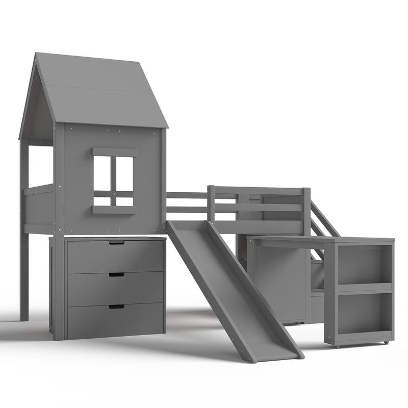 Twin Loft Bed with Storage Cabinets and Removable Desk, Kids House Loft Bed with Slide and Stairs, Childlike
