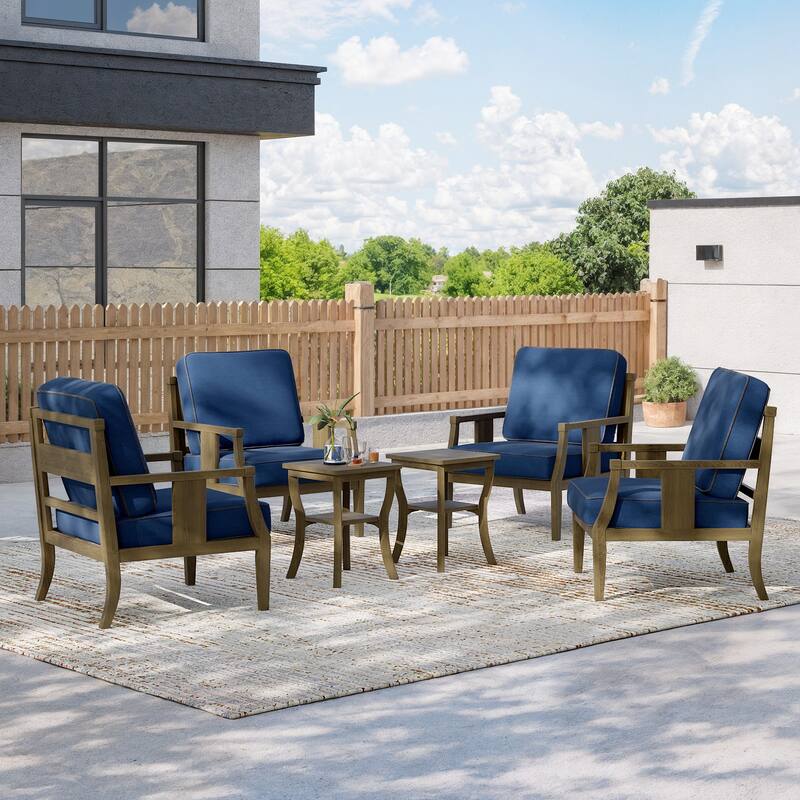 6-piece Outdoor Teak Seating Set Club Chairs with Cushions - Naturalframe-Navy - Natural Frame