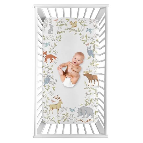 slide 2 of 2, Woodland Animal Toile Collection Boy or Girl Photo Op Fitted Crib Sheet - Grey, Green, and Brown Bear Deer Fox