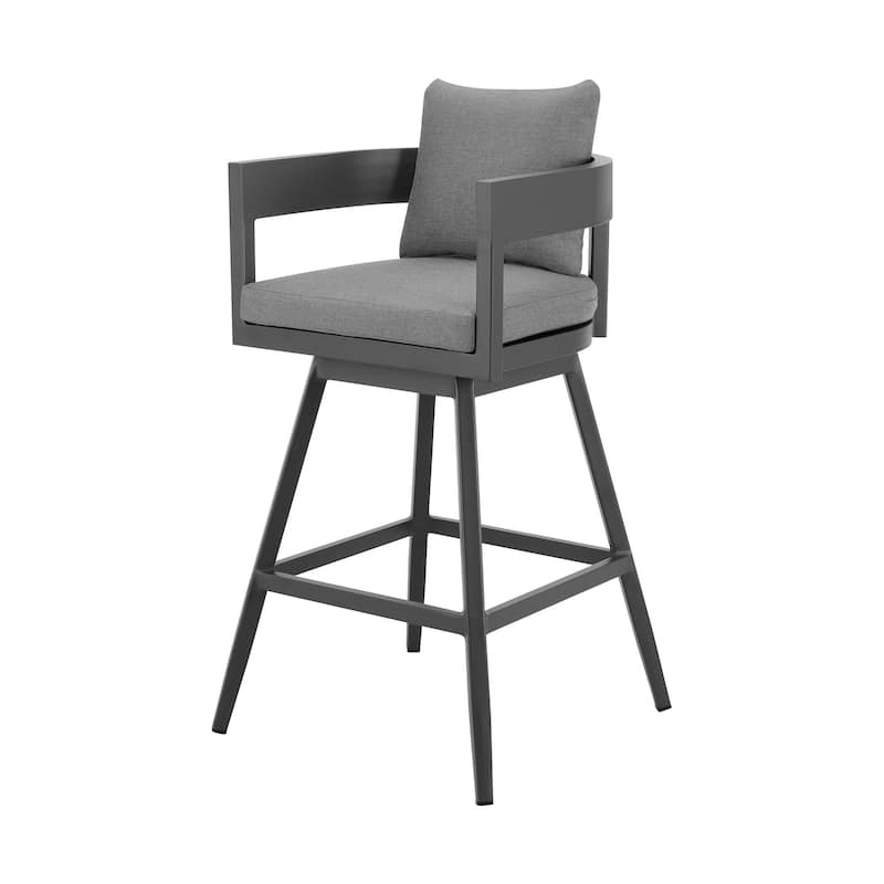 HomeRoots 39" Dark Gray Metal Swivel Low back Outdoor Bar Height chair with Footrest