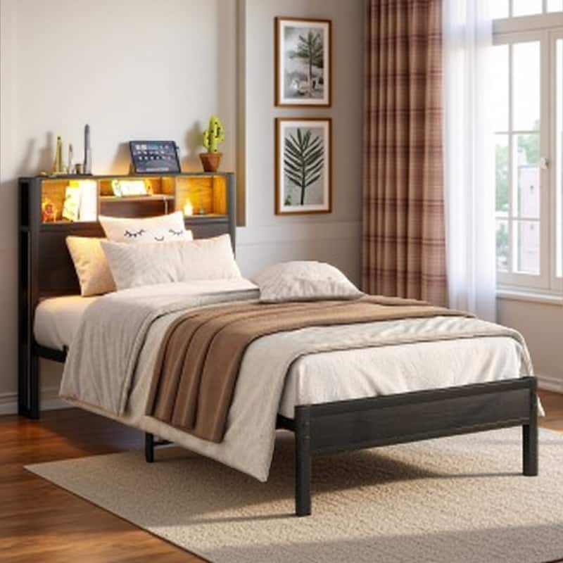 Full Size Metal Platform Bed with Storage Headboard and Charging Station, RGB LED Lighting, Under-Bed Storage, Noise-Free Design - Black Brown