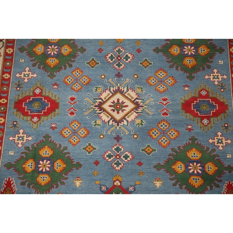 Blue Geometric Kazak Area Rug Hand-Knotted Wool Carpet - 6'10" x 9'7"