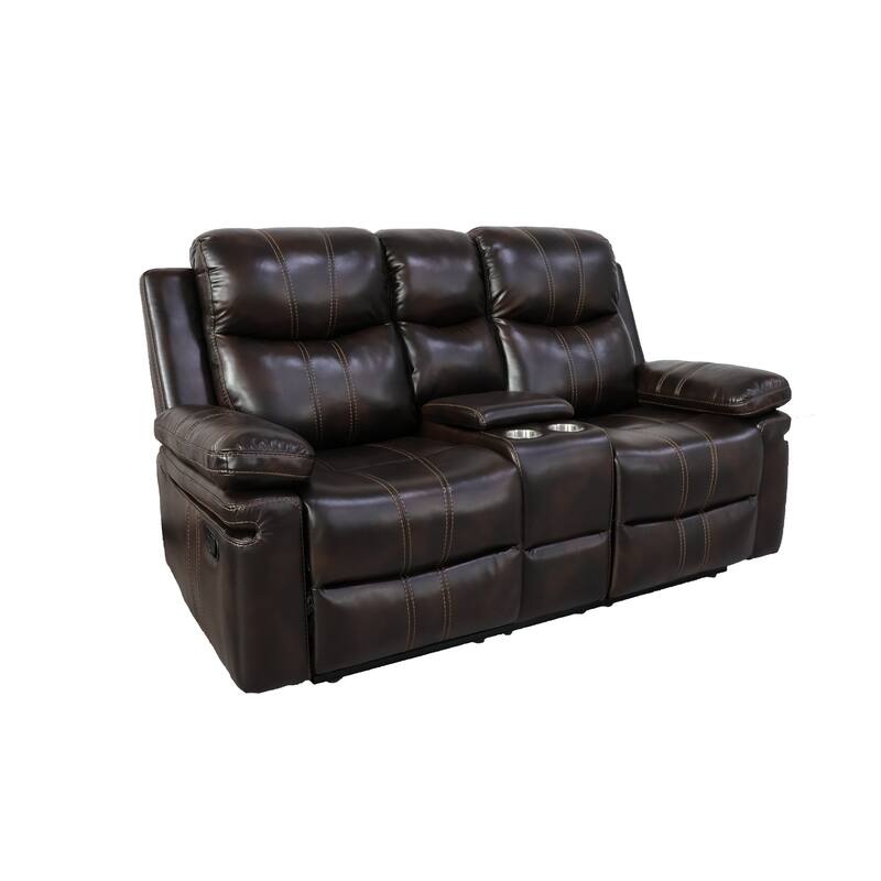 Linden 69 Inch Loveseat with Dual Recliners, Console, Brown Faux Leather
