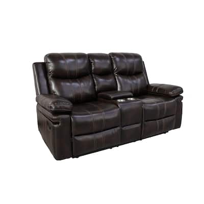 Linden 69 Inch Loveseat with Dual Recliners, Console, Brown Faux Leather