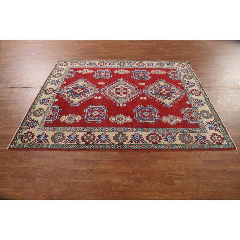 Red Geometric Kazak Area Rug Hand-Knotted Oriental Wool Carpet - 5'5" x 6'5"
