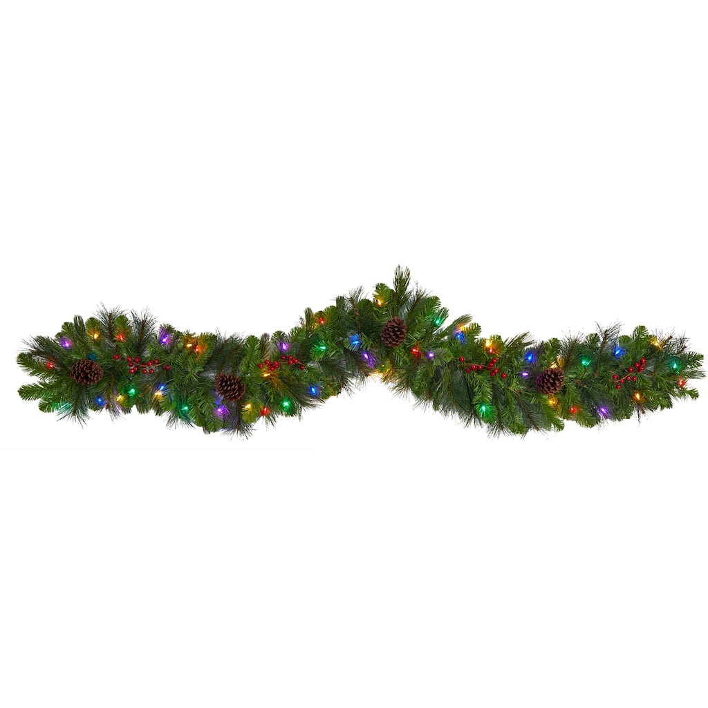 Christmas Garland 6Ft Artificial Holiday Decor with Lights, Pinecones & Berries - 72