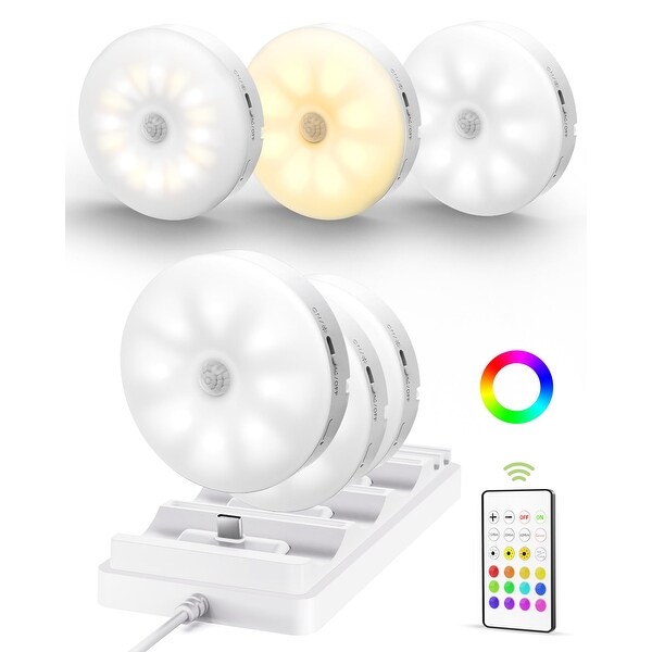 EZVALO Puck Light Wireless Motion Sensor with Remote RGB 6 Pack White Charging Base White