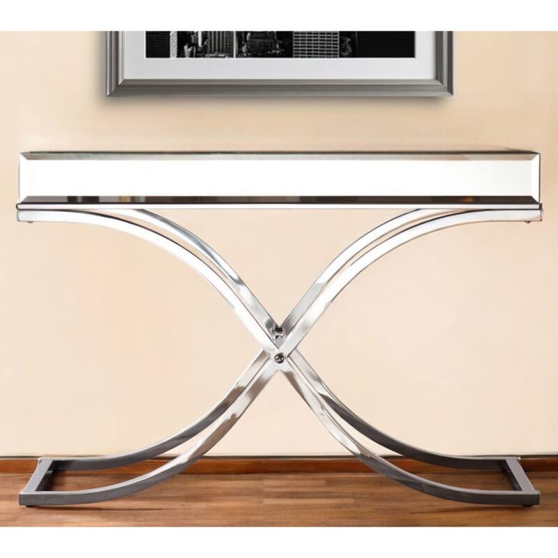 Silver Mirrored Glass Console Table and Rectangular Top Cross Legs - 42.25” L x 16.5” W x 29” H
