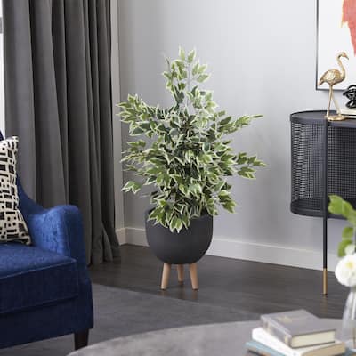 Green Faux Foliage Ficus Artificial Tree with Realistic Leaves and Black Plastic Pot