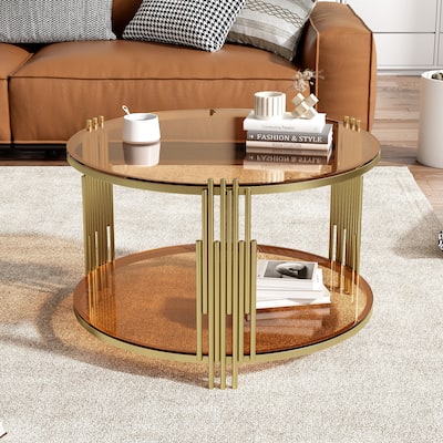 31.5" Glass Coffee Table with Asymmetrical Metal Base