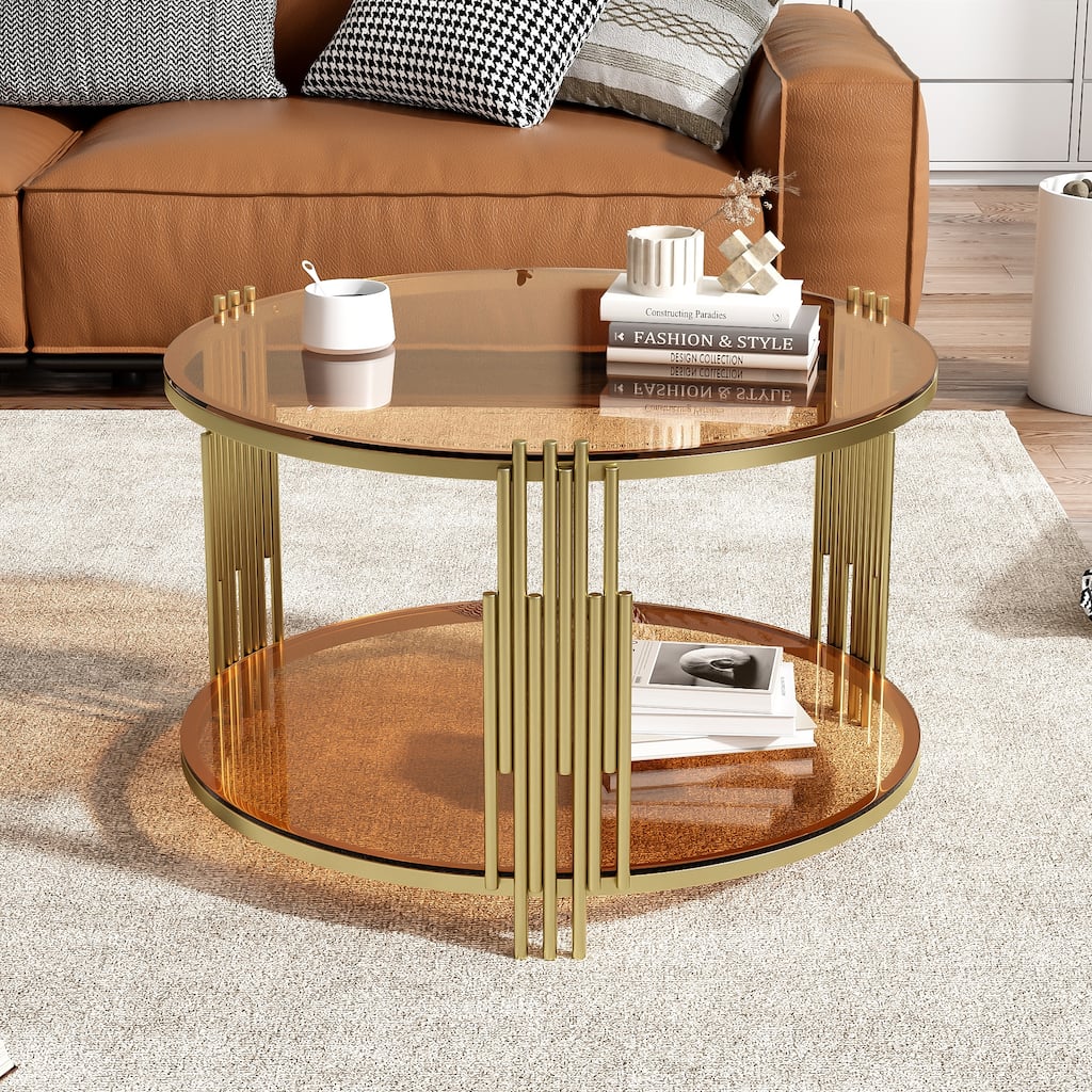Modern Brown Glass Coffee Table, Asymmetrical Metal, Circular Metal Drum Base, Gold Finish & Lower Shelf