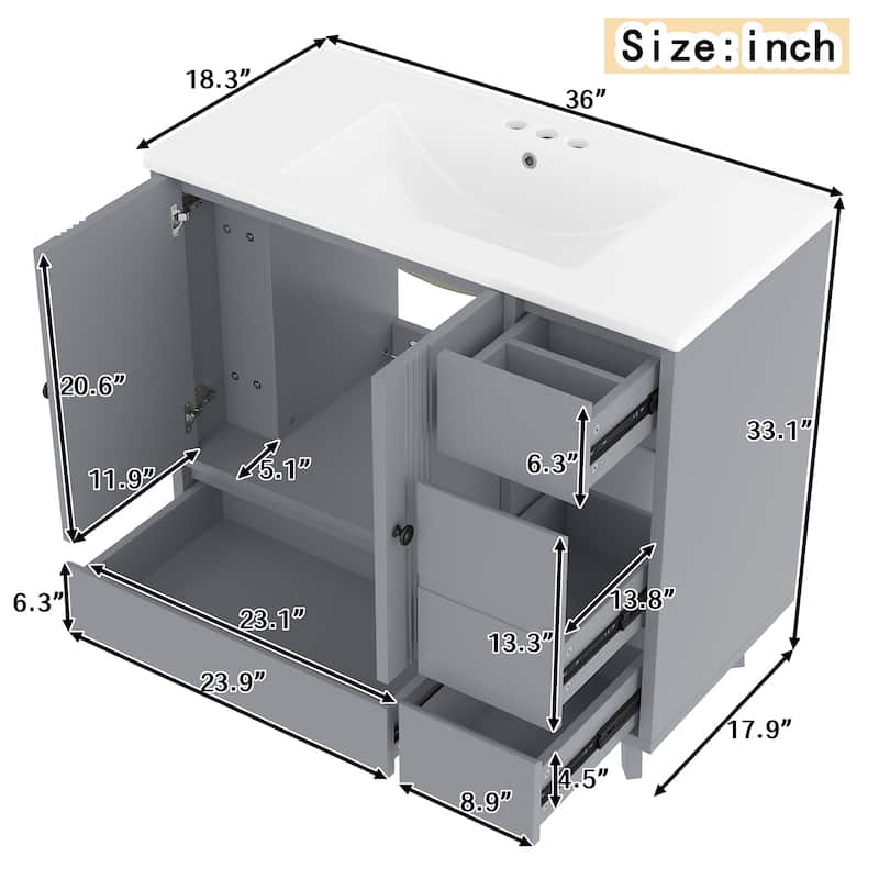 36" Bathroom Vanity with Sink, Freestanding Wood Cabinet with 4 Drawers and Side Storage Rack, Single Vanity