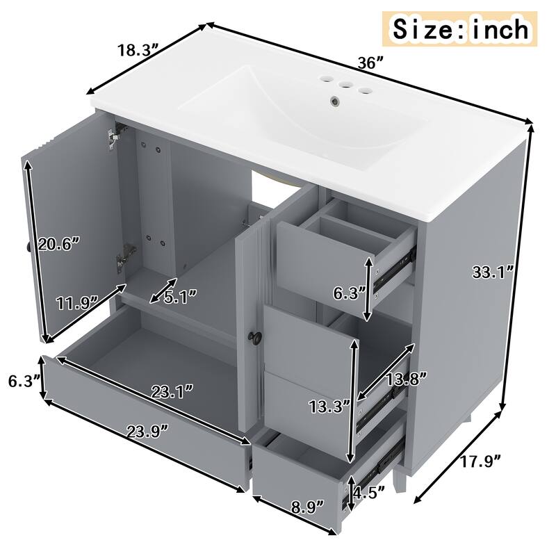 36" Freestanding Bathroom Vanity with Sink - Wood Cabinet with 4 Drawers & Side Storage Rack, Ceramic Basin
