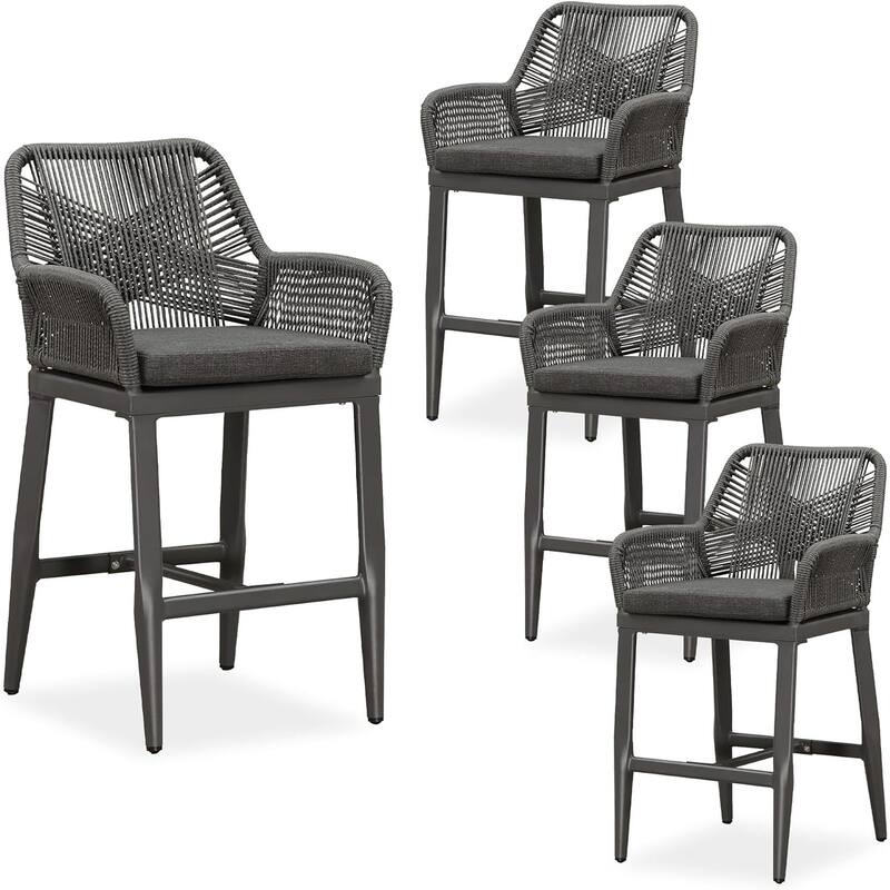 PURPLE LEAF Outdoor Counter Height Bar Stools Set of 4 Patio Aluminum Barstools with Back and Cushions - Grey-Counter Height