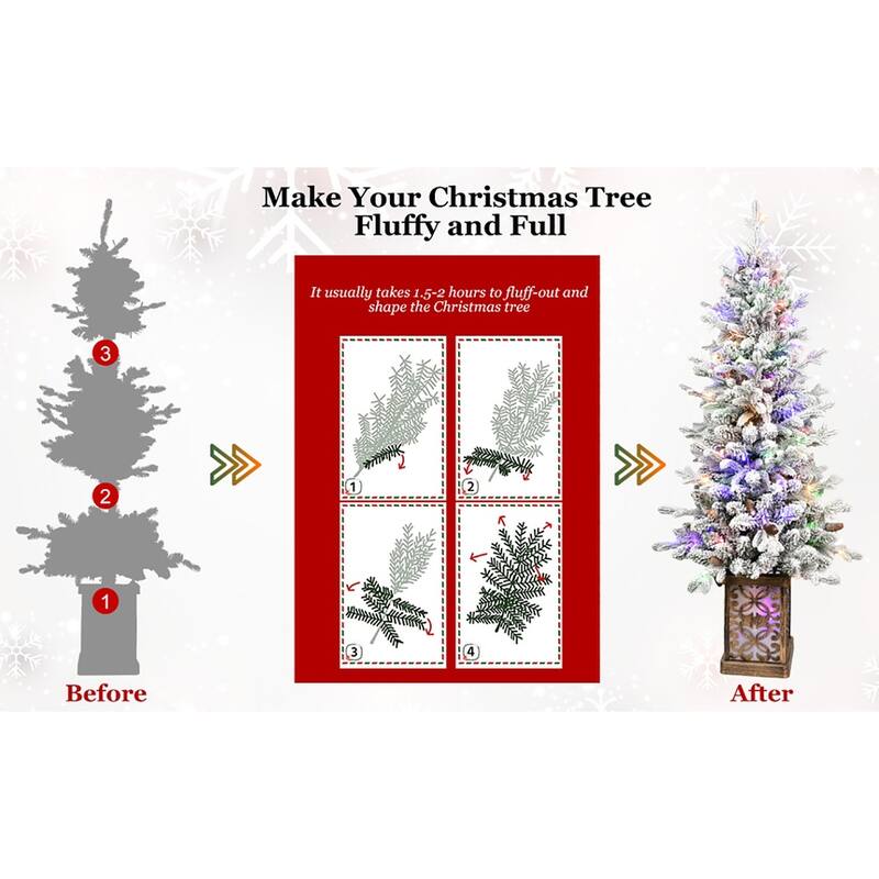 4ft Flocked Christmas Tree With Multicolour Led Lights,396 Tips,100 Lights,Pe/Pvc Tips With Pine Cones-Light-Up Colorful Basin