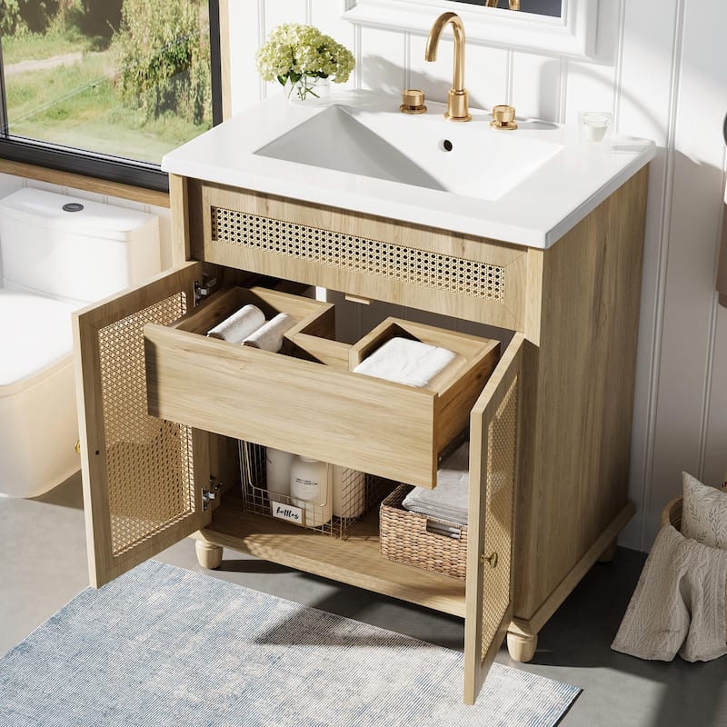 30-Inch Bathroom Vanity with Handwoven Rattan Doors, Solid Wood Legs & Resin Basin