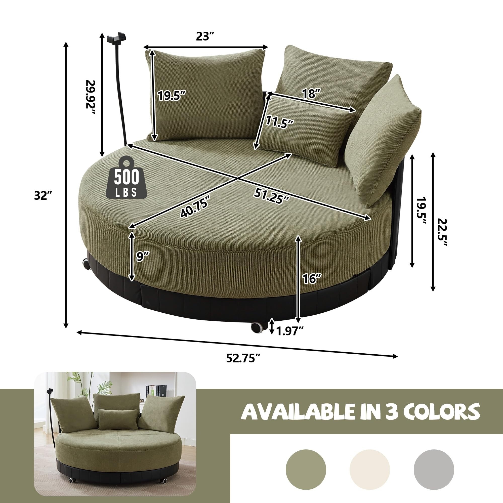 Oversized Swivel Round Accent Barrel Chair 52.75 Comfy Deep Seat Sofa Lounge chair with 4 Pillows and Phone Holder Bed Bath Beyond 42226980