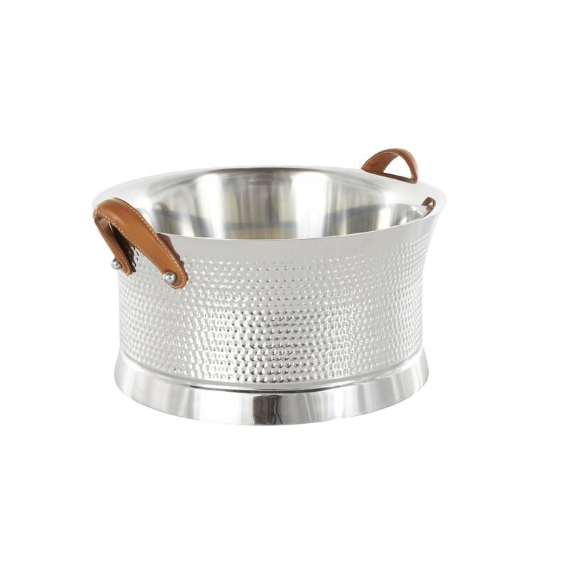Silver Stainless Steel Metal Hammered Ice Bucket with Brown Leather Handles - 18"W x 21"L x 11"H