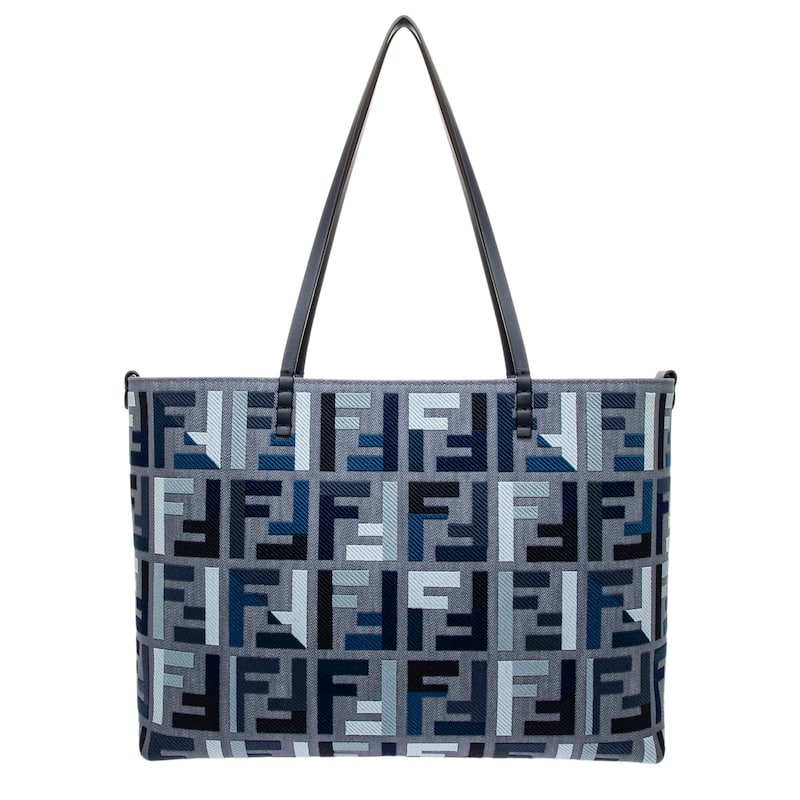 Fendi Large Roll Shopper with FF Embroidery - Light Blue, Dark Blue, Denim Blue