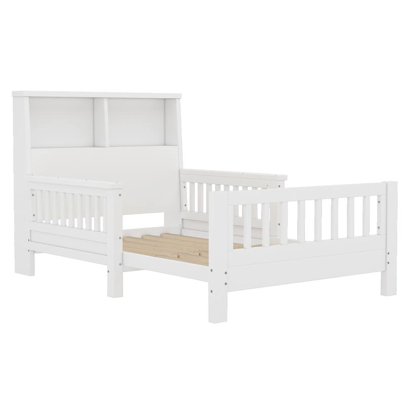 Pull Out Twin Size Platform Bed Converted into Baby Crib and Sofa with Storage Headboard and Removable Footboard