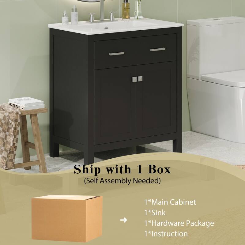 30" Bathroom Vanity with Ceramic Sink, Modern Single Bathroom Cabinet with 2 Doors and a Shelf, Soft Close Doors