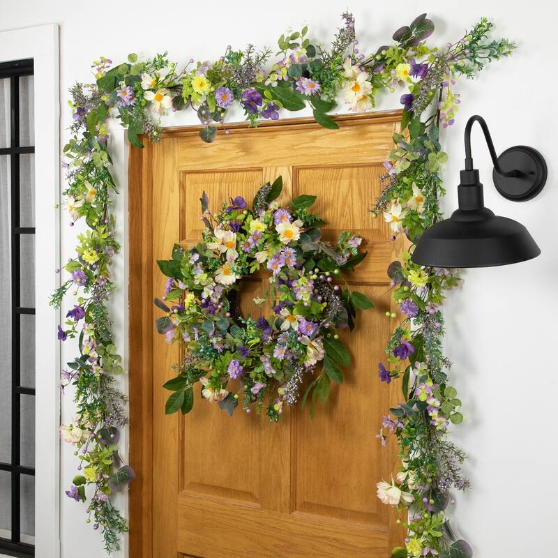 Daisy and Mixed Foliage Floral Spring Wreath - 24" - Purple